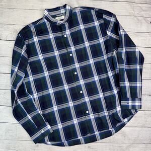 Shuttle Notes (JAPAN) Men's Navy Green Plaid Buttoned Band Collar Shirt Large
